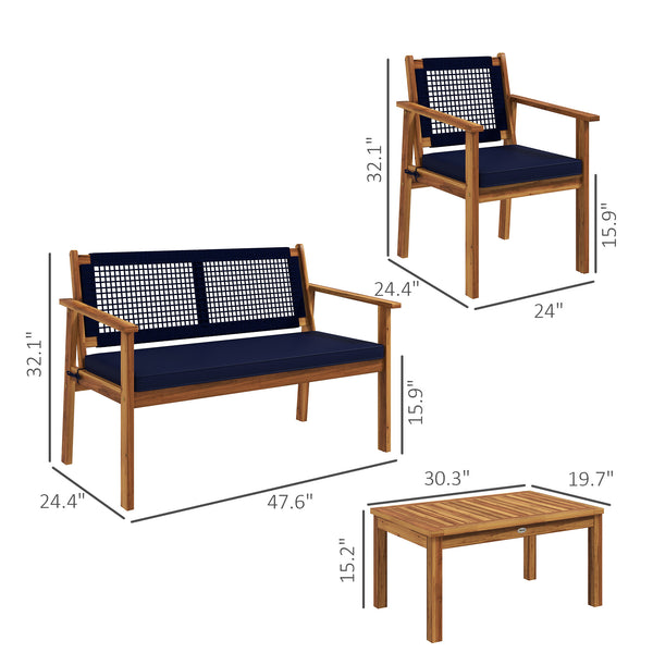 Outsunny 4 Piece Patio Conversation Set with Cushions, Acacia Wood Outdoor Furniture with Loveseat, Armchairs, Slatted Wood Top Coffee Table, Garden Sofa Set for Backyard Lawn Porch, Dark Blue