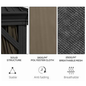 10' x 10' Hardtop Gazebo with Curtains and Netting, Permanent Pavilion Metal Double Roof Gazebo Canopy with Aluminum Frame and Hooks, for Garden, Patio, Backyard, Dark Brown
