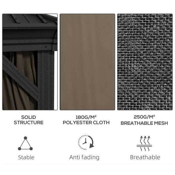 10' x 10' Hardtop Gazebo with Curtains and Netting, Permanent Pavilion Metal Double Roof Gazebo Canopy with Aluminum Frame and Hooks, for Garden, Patio, Backyard, Dark Brown