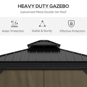 10' x 10' Hardtop Gazebo with Curtains and Netting, Permanent Pavilion Metal Double Roof Gazebo Canopy with Aluminum Frame and Hooks, for Garden, Patio, Backyard, Dark Brown