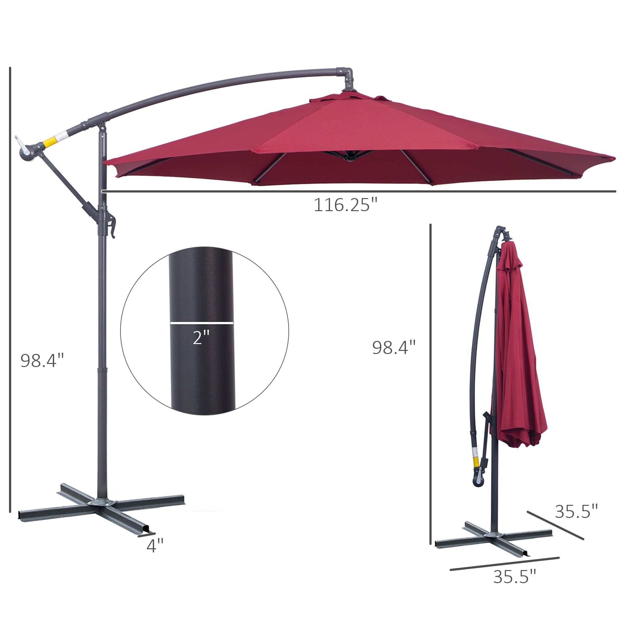 fingerhut patio umbrellas Outsunny 10' Cantilever Hanging Tilt Offset Patio Umbrella with UV & Water Fighting Material and a Sturdy Stand, Red