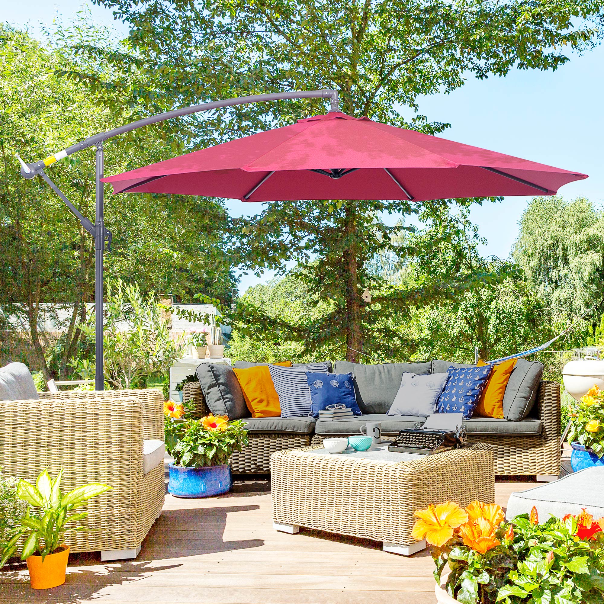 10ft patio offset umbrella outdoor hanging umbrella by bonosuki Outsunny 10' Cantilever Hanging Tilt Offset Patio Umbrella with UV & Water Fighting Material and a Sturdy Stand, Red