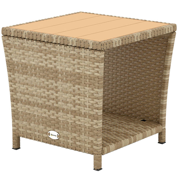 2-Tier PE Rattan Side Table with Storage Shelf, Square Outdoor Coffee Table with PS Wood Slat Top, UV-Resistant for Patio, Garden, Balcony, Khaki
