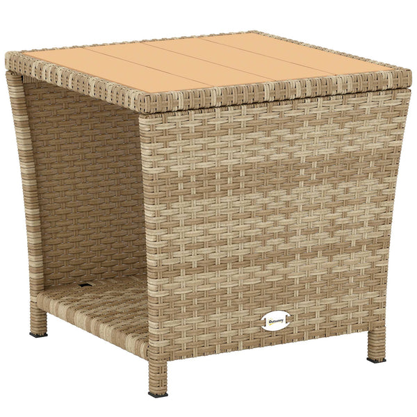 2-Tier PE Rattan Side Table with Storage Shelf, Square Outdoor Coffee Table with PS Wood Slat Top, UV-Resistant for Patio, Garden, Balcony, Khaki