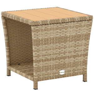 2-Tier PE Rattan Side Table with Storage Shelf, Square Outdoor Coffee Table with PS Wood Slat Top, UV-Resistant for Patio, Garden, Balcony, Khaki