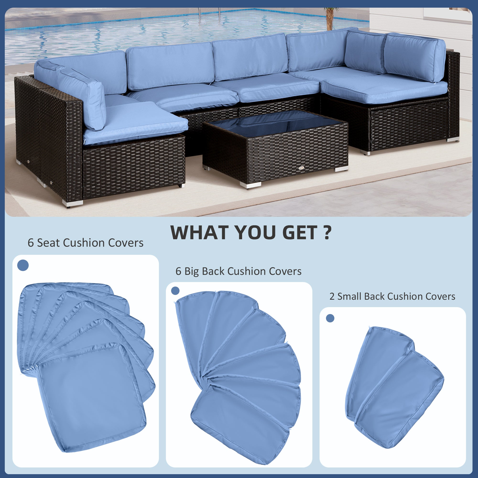 14pc Patio Rattan Sofa Set Cushion Cover Replacement Set, No Cushion Included, Sky Blue