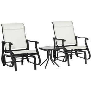 Outsunny 3-Piece Outdoor Gliders Set Bistro Set with Steel Frame, Tempered Glass Top Table for Patio, Garden, Backyard, Lawn, Cream White