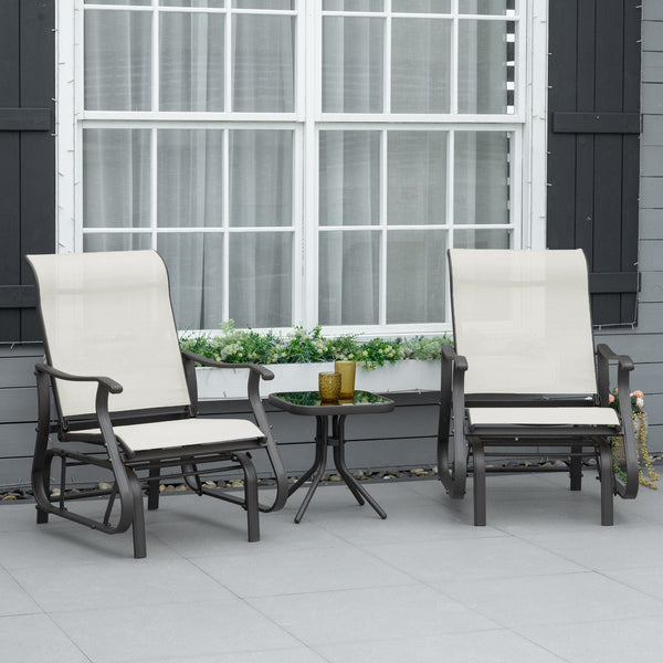 Outsunny 3-Piece Outdoor Gliders Set Bistro Set with Steel Frame, Tempered Glass Top Table for Patio, Garden, Backyard, Lawn, Cream White