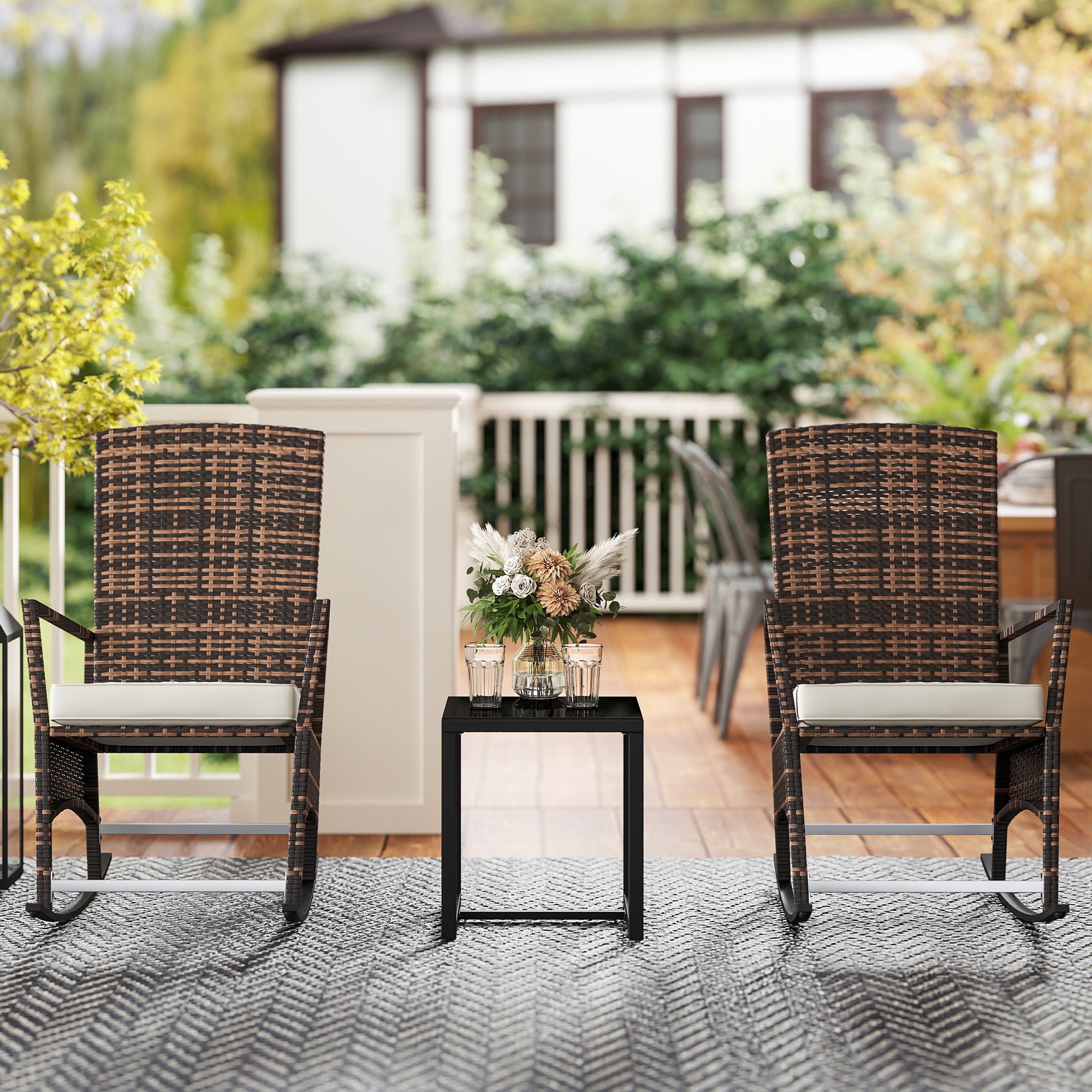 Outsunnny Piece Wicker Patio Furniture Rocking Bistro Set,