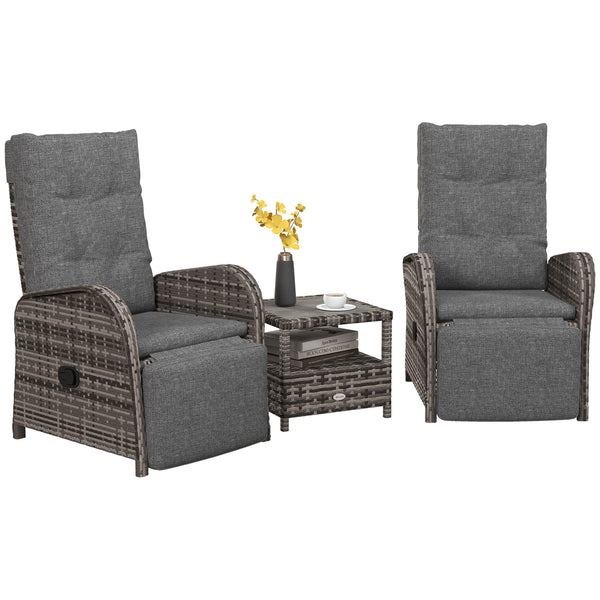 3 Pieces Rattan Bistro Set, Wicker Balcony Furniture Set with Reclining Sun Loungers, 2-Tier Coffee Table and Cushions, 2 Seater Garden Furniture for Outdoor Patio Balcony, Brown