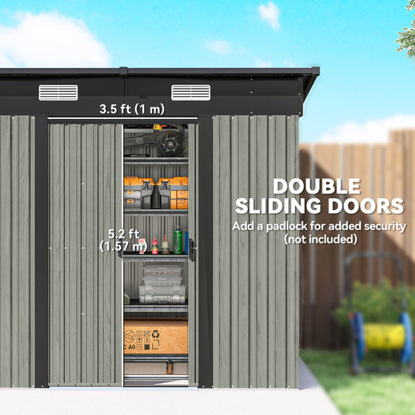 7 x 4ft Outdoor Storage Shed with Foundation Kit, Lean to Metal Garden Shed for Log, Rubbish Bin, Tool, Lawnmower, Bike, Patio Use, Light Grey Wood Effect