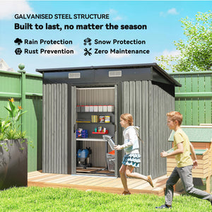 7 x 4ft Outdoor Storage Shed with Foundation Kit, Lean to Metal Garden Shed for Log, Rubbish Bin, Tool, Lawnmower, Bike, Patio Use, Light Grey Wood Effect