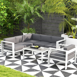 5-Piece Garden Sofa Set with Cushions, 6 Seater Aluminium Garden Furniture Set with Glass Top Coffee Table, Patio Sectional Conservatory Furniture for Patio & Terrace, Light Grey