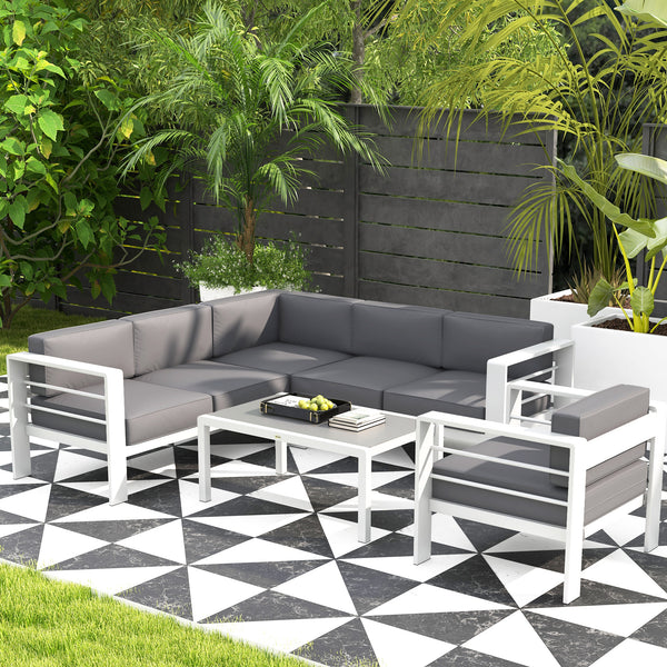 5-Piece Garden Sofa Set with Cushions, 6 Seater Aluminium Garden Furniture Set with Glass Top Coffee Table, Patio Sectional Conservatory Furniture for Patio & Terrace, Light Grey
