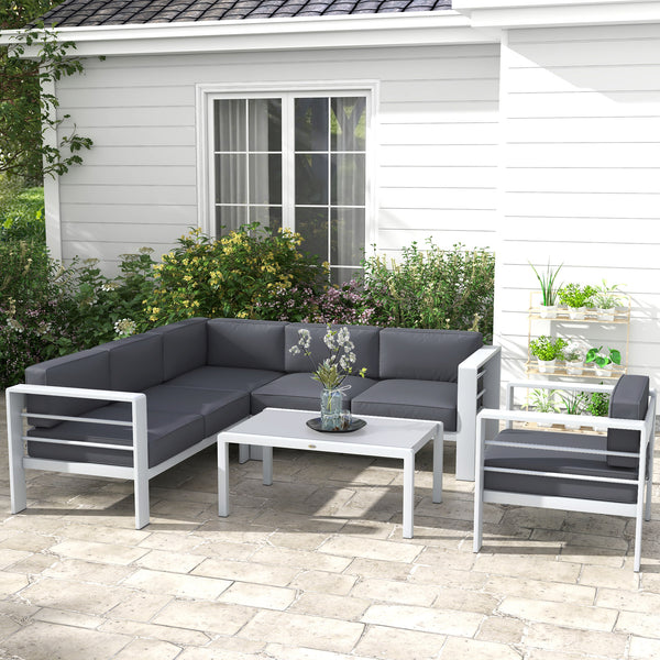 5-Piece Garden Sofa Set with Cushions, 6 Seater Aluminium Garden Furniture Set with Glass Top Coffee Table, Patio Sectional Conservatory Furniture for Patio & Terrace, Light Grey