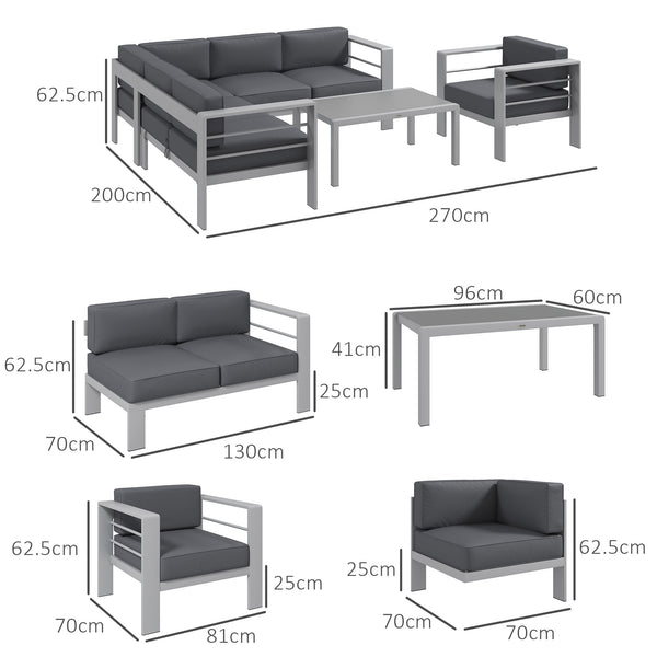 5-Piece Garden Sofa Set with Cushions, 6 Seater Aluminium Garden Furniture Set with Glass Top Coffee Table, Patio Sectional Conservatory Furniture for Patio & Terrace, Light Grey