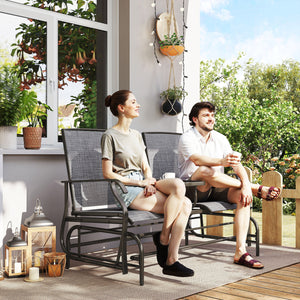 2 Seats Garden Glider Bench, Metal Frame Loveseat with Glass Top  Centre Table, Porch Rocking Glider for 2 Person, for Deck, Patio, Brown/ Grey