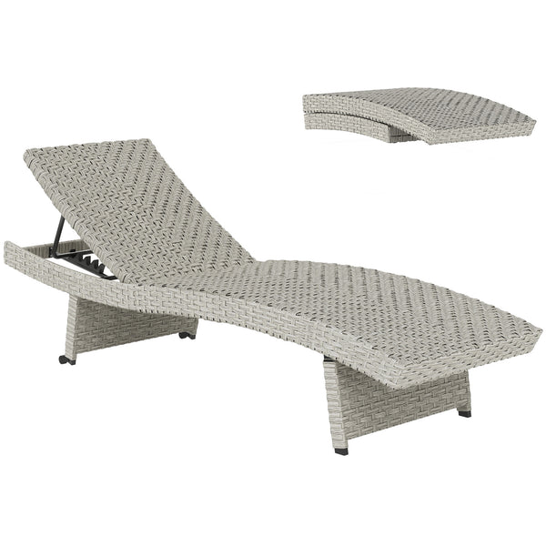 Outdoor PE Rattan Sun Lounger, Folding Wicker Garden Lounger Recliner with 4-Level Adjustable Backrest, Rolling Sunbed Lounge Chair with Wheels, Non-Slip Legs for Balcony, Beach, Grey