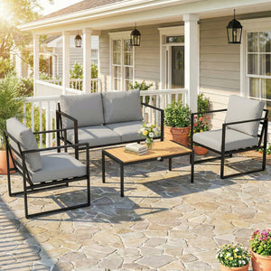 Outdoor Garden Furniture Set, 4 Piece Patio Furniture with Slatted Table, Loveseat and Armchairs, Indoor Outdoor Balcony Patio Conservatory Set with Metal Frame and Cushions, Grey