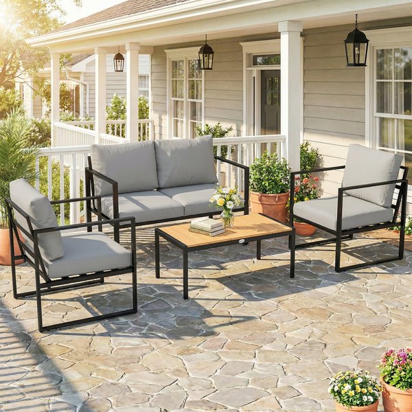 Outdoor Garden Furniture Set, 4 Piece Patio Furniture with Slatted Table, Loveseat and Armchairs, Indoor Outdoor Balcony Patio Conservatory Set with Metal Frame and Cushions, Grey