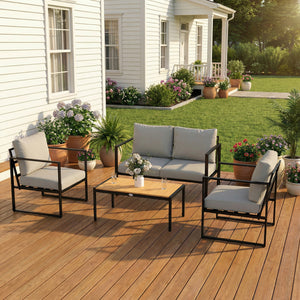 Outdoor Garden Furniture Set, 4 Piece Patio Furniture with Slatted Table, Loveseat and Armchairs, Indoor Outdoor Balcony Patio Conservatory Set with Metal Frame and Cushions, Grey