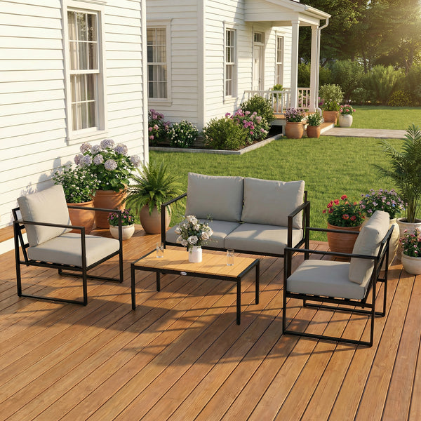 Outdoor Garden Furniture Set, 4 Piece Patio Furniture with Slatted Table, Loveseat and Armchairs, Indoor Outdoor Balcony Patio Conservatory Set with Metal Frame and Cushions, Grey