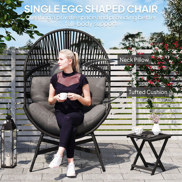 Standing Rattan Egg Chair Outdoor, Oversized Wicker Garden Egg Chair with Thick Tufted Cushion, Headrest, Steel Frame, Charcoal Grey