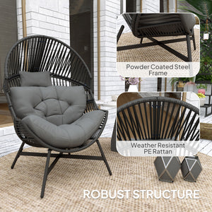 Standing Rattan Egg Chair Outdoor, Oversized Wicker Garden Egg Chair with Thick Tufted Cushion, Headrest, Steel Frame, Charcoal Grey
