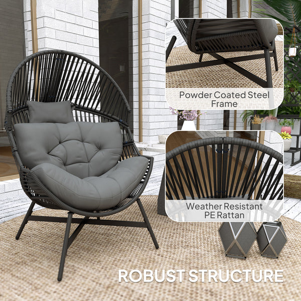 Standing Rattan Egg Chair Outdoor, Oversized Wicker Garden Egg Chair with Thick Tufted Cushion, Headrest, Steel Frame, Charcoal Grey