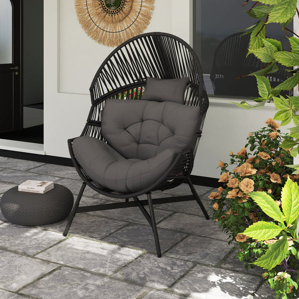 Standing Rattan Egg Chair Outdoor, Oversized Wicker Garden Egg Chair with Thick Tufted Cushion, Headrest, Steel Frame, Charcoal Grey
