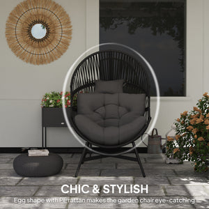 Standing Rattan Egg Chair Outdoor, Oversized Wicker Garden Egg Chair with Thick Tufted Cushion, Headrest, Steel Frame, Charcoal Grey