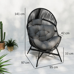 Standing Rattan Egg Chair Outdoor, Oversized Wicker Garden Egg Chair with Thick Tufted Cushion, Headrest, Steel Frame, Charcoal Grey