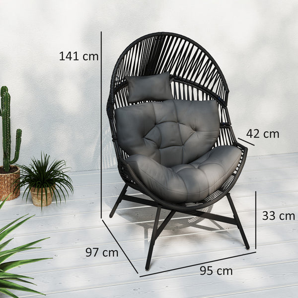 Standing Rattan Egg Chair Outdoor, Oversized Wicker Garden Egg Chair with Thick Tufted Cushion, Headrest, Steel Frame, Charcoal Grey