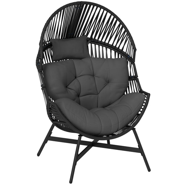 Standing Rattan Egg Chair Outdoor, Oversized Wicker Garden Egg Chair with Thick Tufted Cushion, Headrest, Steel Frame, Charcoal Grey
