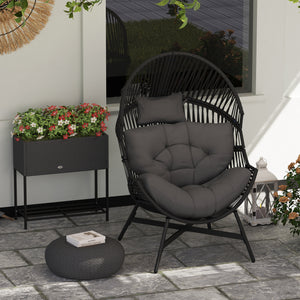 Standing Rattan Egg Chair Outdoor, Oversized Wicker Garden Egg Chair with Thick Tufted Cushion, Headrest, Steel Frame, Charcoal Grey