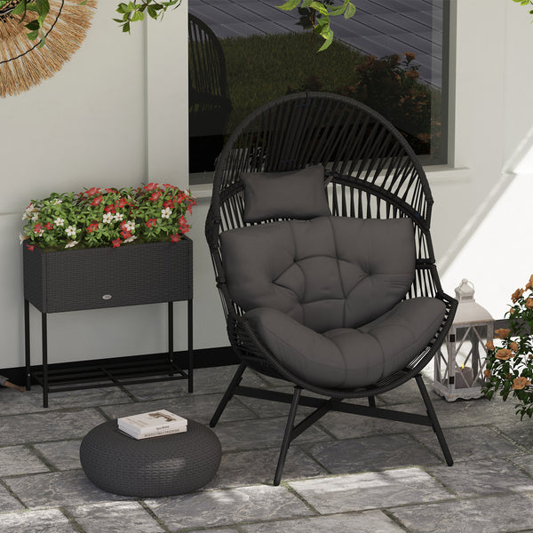 Standing Rattan Egg Chair Outdoor, Oversized Wicker Garden Egg Chair with Thick Tufted Cushion, Headrest, Steel Frame, Charcoal Grey