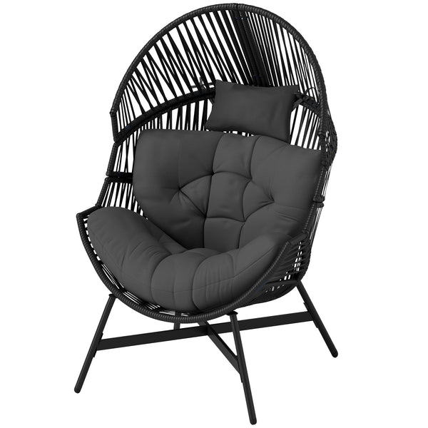 Standing Rattan Egg Chair Outdoor, Oversized Wicker Garden Egg Chair with Thick Tufted Cushion, Headrest, Steel Frame, Charcoal Grey