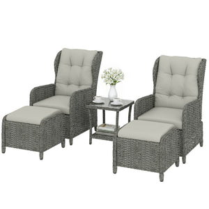 5 Piece Garden Furniture Set, Rattan Reclining Garden Chair Set of 2 with Glass-Top Coffee Table, Footstool and Thickness Cushion for Balcony, Patio, Cream White