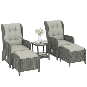 5 Piece Garden Furniture Set, Rattan Reclining Garden Chair Set of 2 with Glass-Top Coffee Table, Footstool and Thickness Cushion for Balcony, Patio, Cream White