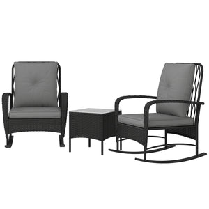 3 Pieces Rattan Bistro Set, Wicker Garden Furniture Set with Cushions, Glass Top Coffee Table and Rocking Chairs, Small Balcony Furniture for Outdoor, Porch, Black