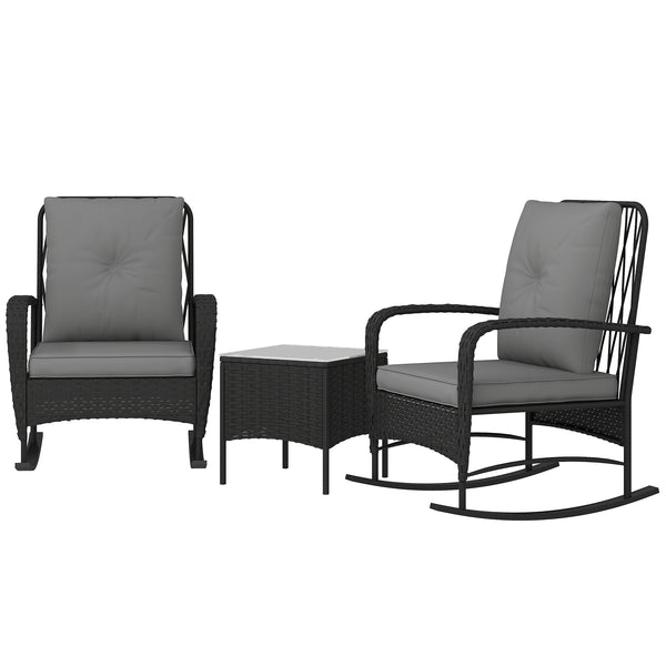 3 Pieces Rattan Bistro Set, Wicker Garden Furniture Set with Cushions, Glass Top Coffee Table and Rocking Chairs, Small Balcony Furniture for Outdoor, Porch, Black
