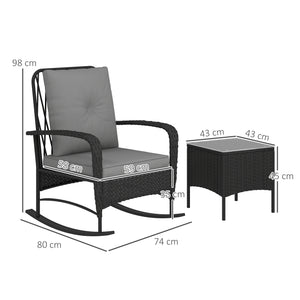 3 Pieces Rattan Bistro Set, Wicker Garden Furniture Set with Cushions, Glass Top Coffee Table and Rocking Chairs, Small Balcony Furniture for Outdoor, Porch, Black