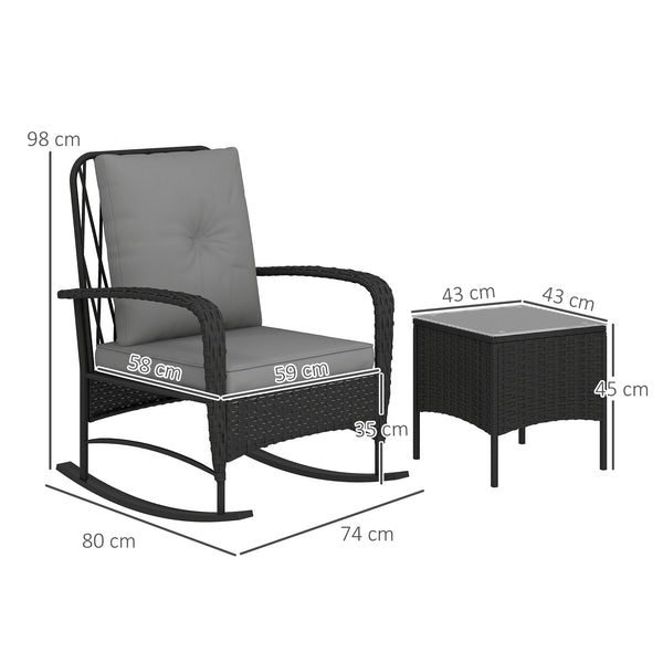 3 Pieces Rattan Bistro Set, Wicker Garden Furniture Set with Cushions, Glass Top Coffee Table and Rocking Chairs, Small Balcony Furniture for Outdoor, Porch, Black