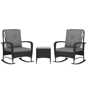3 Pieces Rattan Bistro Set, Wicker Garden Furniture Set with Cushions, Glass Top Coffee Table and Rocking Chairs, Small Balcony Furniture for Outdoor, Porch, Black