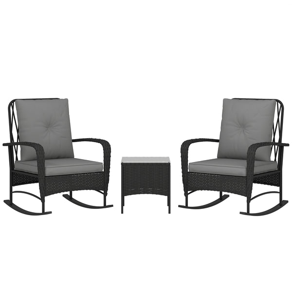 3 Pieces Rattan Bistro Set, Wicker Garden Furniture Set with Cushions, Glass Top Coffee Table and Rocking Chairs, Small Balcony Furniture for Outdoor, Porch, Black