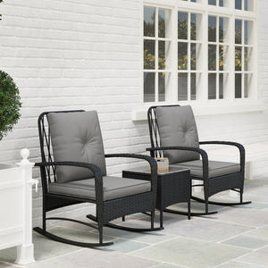 3 Pieces Rattan Bistro Set, Wicker Garden Furniture Set with Cushions, Glass Top Coffee Table and Rocking Chairs, Small Balcony Furniture for Outdoor, Porch, Black