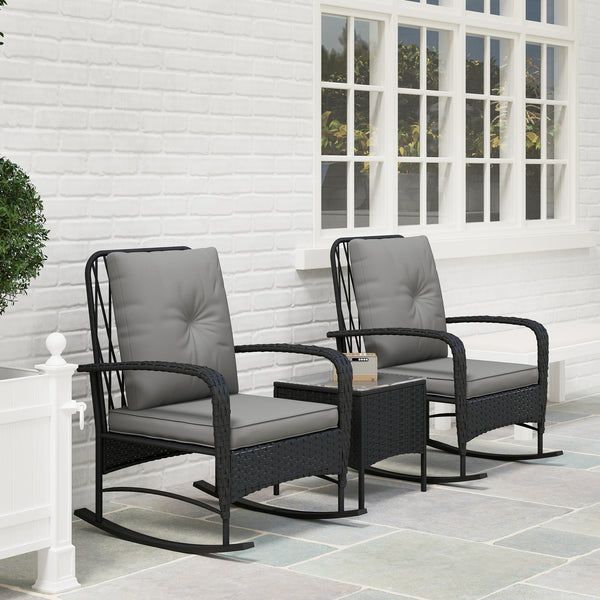 3 Pieces Rattan Bistro Set, Wicker Garden Furniture Set with Cushions, Glass Top Coffee Table and Rocking Chairs, Small Balcony Furniture for Outdoor, Porch, Black