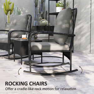 3 Pieces Rattan Bistro Set, Wicker Garden Furniture Set with Cushions, Glass Top Coffee Table and Rocking Chairs, Small Balcony Furniture for Outdoor, Porch, Black