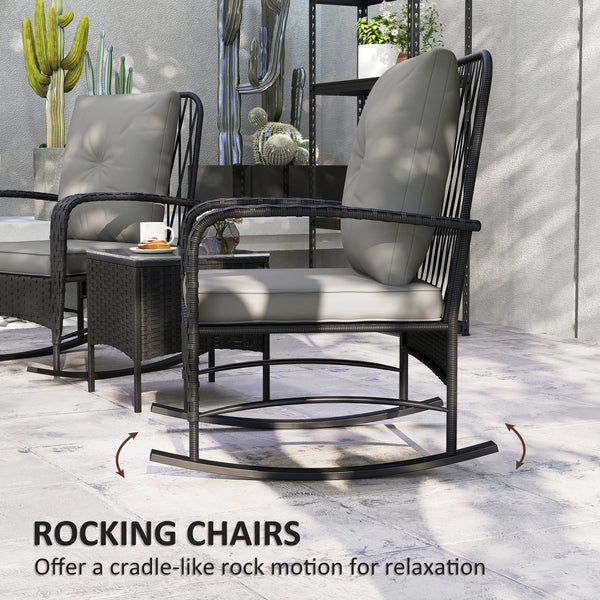 3 Pieces Rattan Bistro Set, Wicker Garden Furniture Set with Cushions, Glass Top Coffee Table and Rocking Chairs, Small Balcony Furniture for Outdoor, Porch, Black