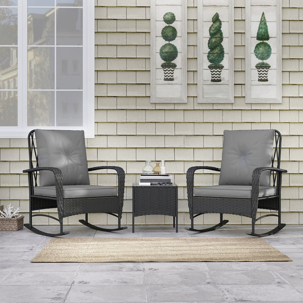 3 Pieces Rattan Bistro Set, Wicker Garden Furniture Set with Cushions, Glass Top Coffee Table and Rocking Chairs, Small Balcony Furniture for Outdoor, Porch, Black